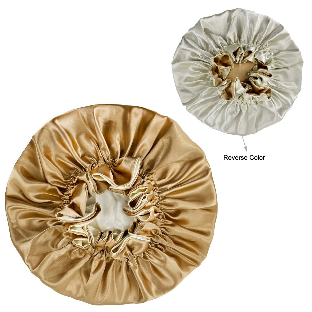 Effen Kleur Omkeerbaar Zijdeachtig Satijn Motorkap Dubbele Laag Slaap Night Cap Head Cover Motorkap Hoed Voor Voor Krullend Veerkrachtig Hair zwart: style443-gold