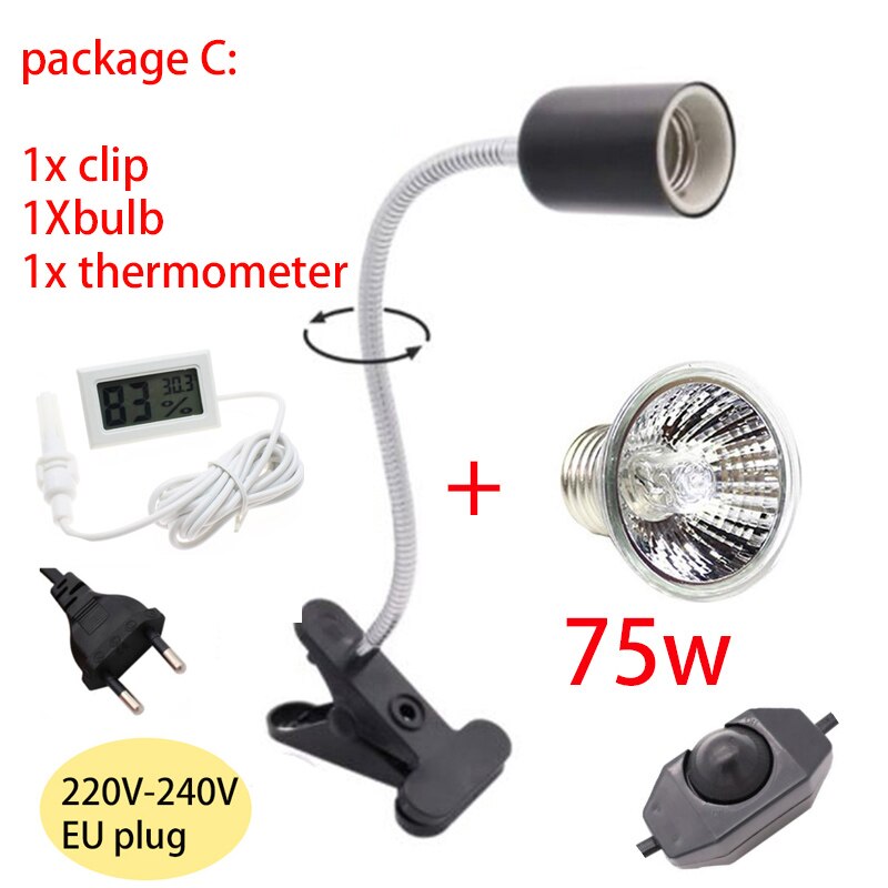 UVAUVB Reptile lamp bulb Set with Clip Turtle Bulb Lamp Holder kit Thermometer Hygrometer Tortoises Basking Heating Lamp Kit: package C 75W