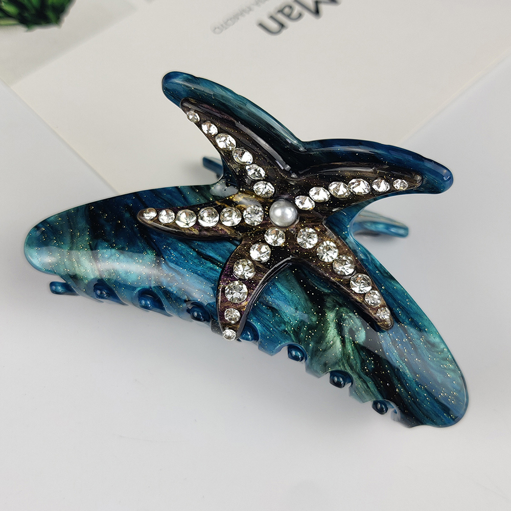 Pinzas para el cabello grandes de la serie Sea, pinzas para el cabello con concha de estrella de mar de diamante, accesorios para el cabello de acetato hechos a mano: Blanco