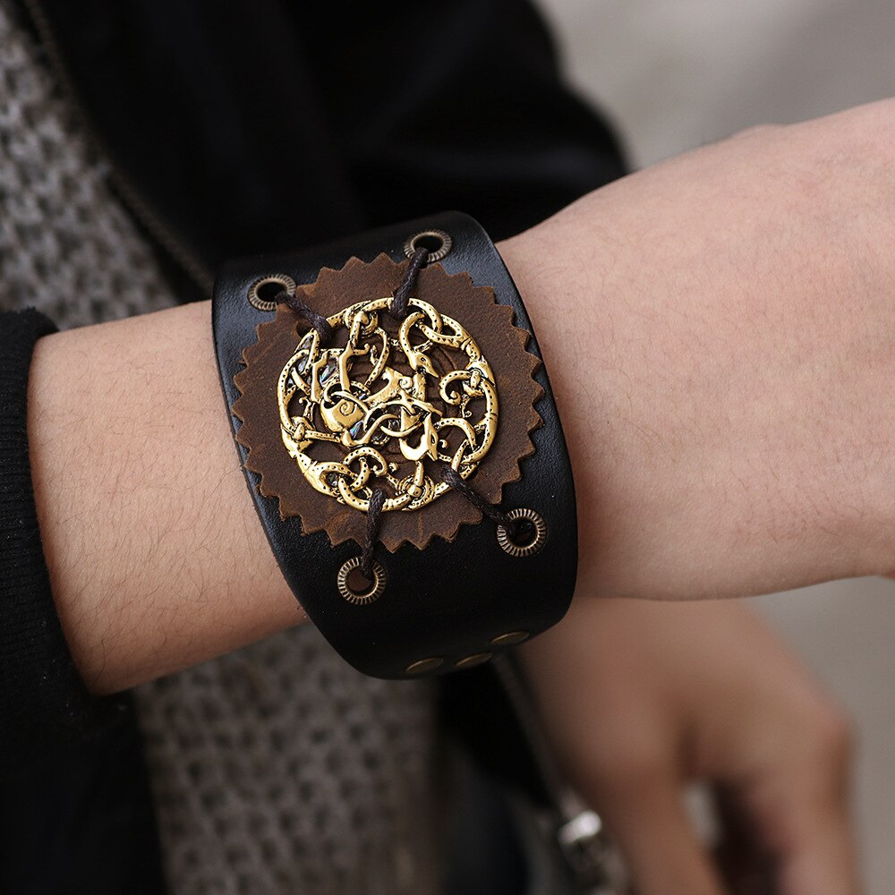 Kirykle bracciale largo in metallo Punk per uomo bracciale totem in metallo braccialetti bracciale rivetto intrecciato in pelle multistrato