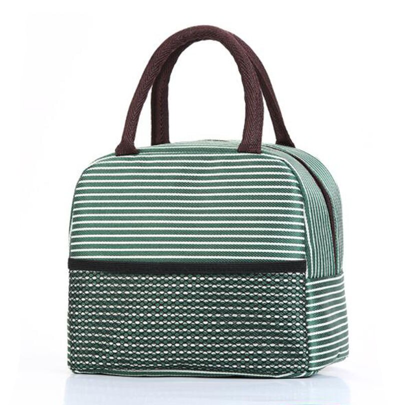 Striped lunch Box For Women Kids Men Insulated Tote Bag Thermal Cooler Food Lunch Bags Waterproof Handle Carrying Lunch Cases: Green 01