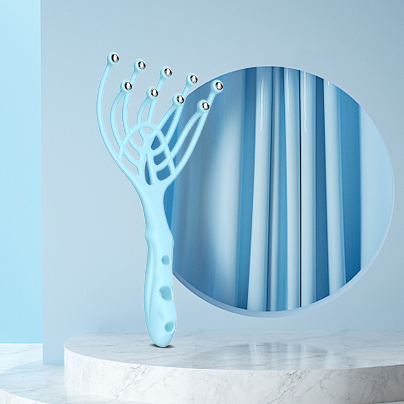 Masseur de tête pour cuir chevelu, 9 à 12 griffes, peigne pour le cou, boule en acier à 9 doigts, relaxation à la main, Spa, soins capillaires à domicile: Bleu