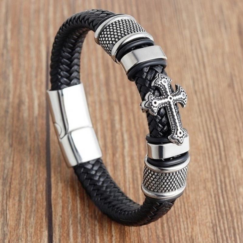 Bracciale in pelle Punk retrò in stile religioso intrecciato croce in metallo di alta qualità per uomo e donna