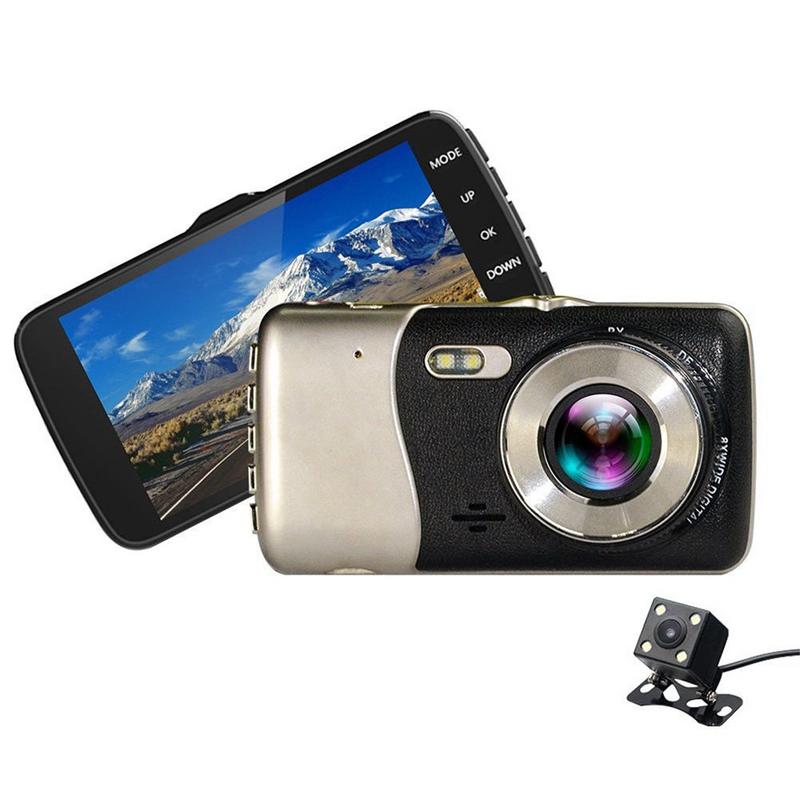 4 tommer dobbelt linsekamera  hd 1080p bil dvr køretøj video dash cam optager g-sensor videooptager hd kamera dobbelt linse