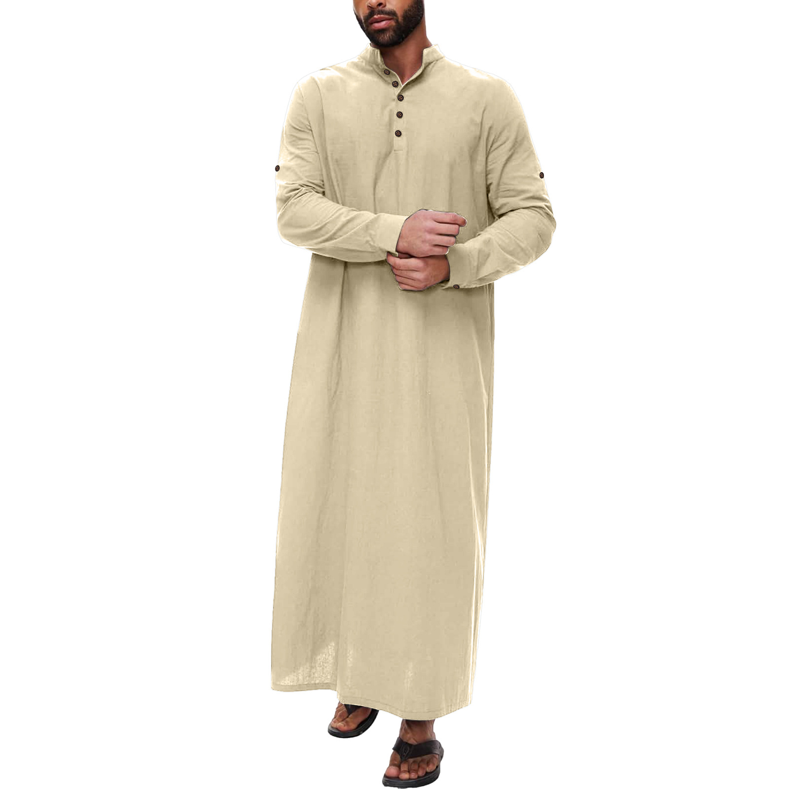 Arabisch Katoen Linnen Lange heren Abaya Moslim Zakken Jubba Thobe Islamitische Donderdag Effen Kleur Volwassen Gewaad Musulmans Homme S-XXXL: XXXL / Crème