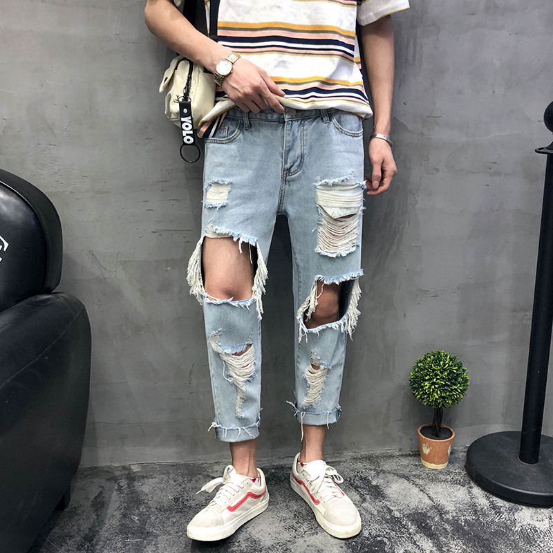 VERSMA Korean Ulzzang Summer Vintage Ripped Jeans For Men Kpop Streetwear Rip Curl Stretch Retro Denim Jeans Wide Baggy BF Pants: 33