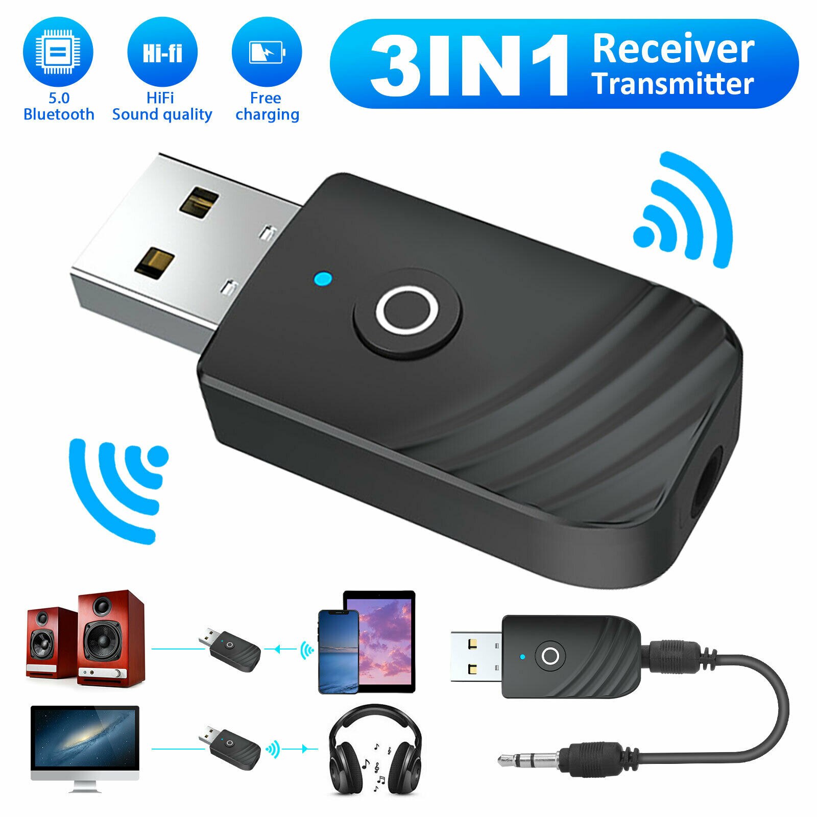 Transmisor y receptor Bluetooth 5,0 USB inalámbrico recargable para TV de