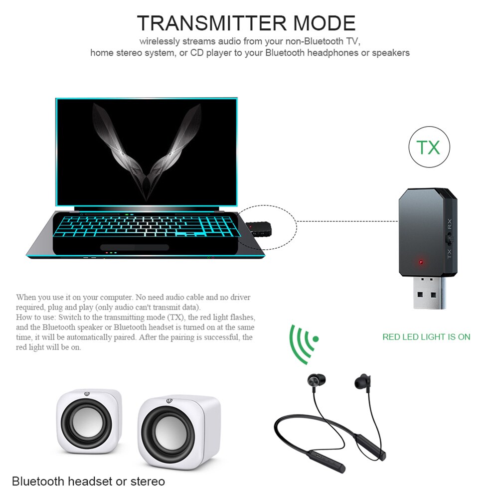 KN330 3.5Mm Aux Bluetooth Audio Zender Ontvanger 5.0 Wireless Music Adapter Usb Stereo Music Draadloze Adapter