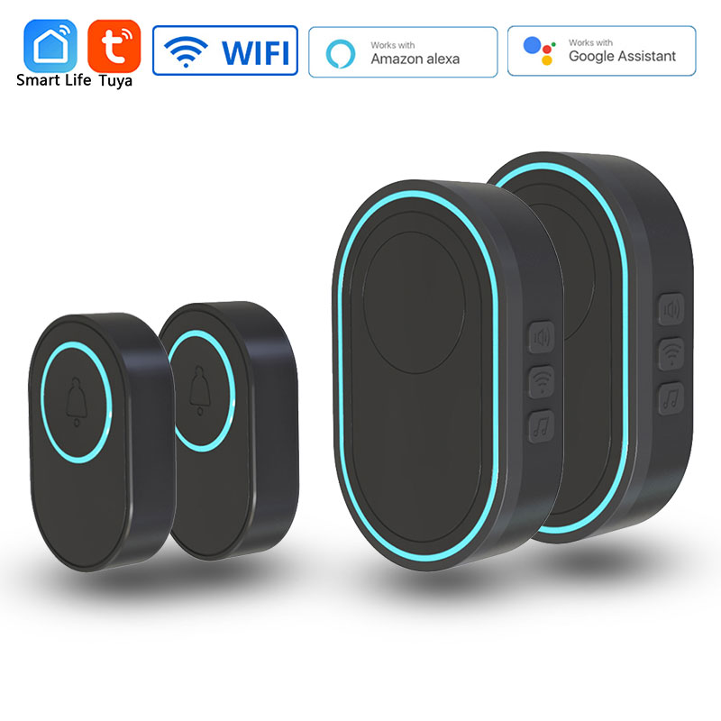 Wireless WiFi Doorbell Tuya Smart Home Security Alarm System Connect 433MHz Detector Alert Mode Welcome Doorbell LED Lights Kit: Brown