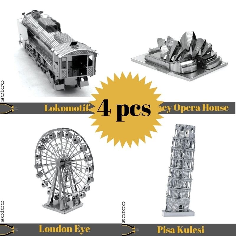 4'Lu Set Soico 3D Model Metal Model Kits Locomotive Gumus Color, London Eye Gumus Color, sydney Opera House Gumus Color v