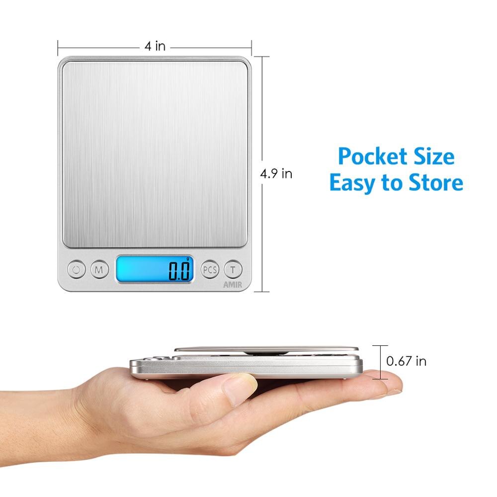 AMIR-báscula Digital de 3kg/0,1g para cocina, minibáscula de bolsillo para comida, joyería de acero inoxidable con pantalla LCD retroiluminada