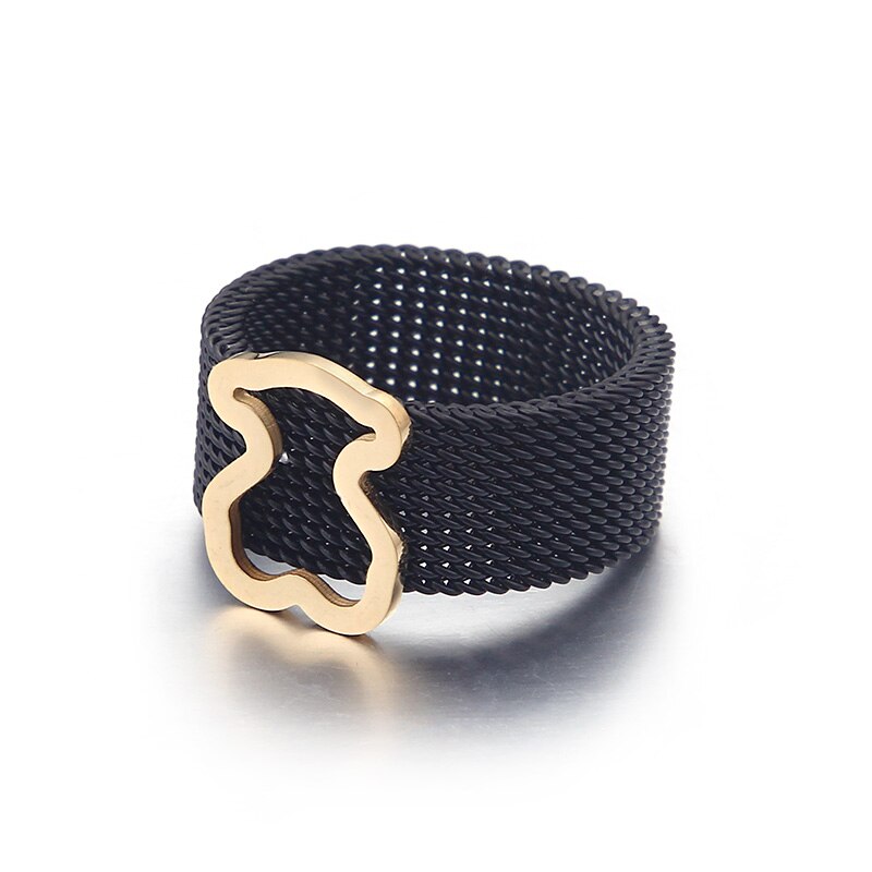 Bear Titanium Steel Ring Hollow Ring Mesh Mesh Ring Single Bear Ring for Women Tricolor DisgnHot: 8 / Black