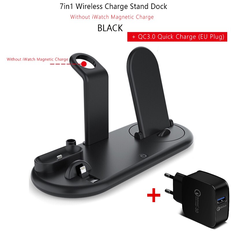 7 in 1 QI kabellos Ladegerät aufladen Dock Bahnhof Pro Apfel Airpods Android Uhr aufladen Pro IPhone 11 Profi Xiaomi Telefon Halter: schwarz und QC 3.0