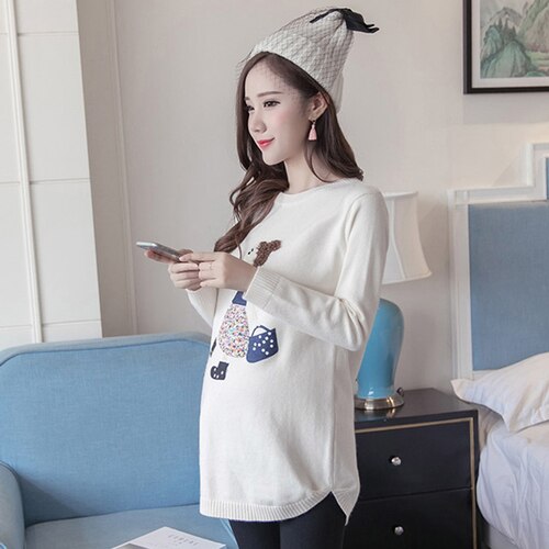 Cartoni animati Natura Stampa Maglie E Maglioni Manica Lunga Maternità Vestiti di Inverno Delle Donne Più Il Formato in Maglia Maglione Autunno Gravidanza Maglione: bianca / M.