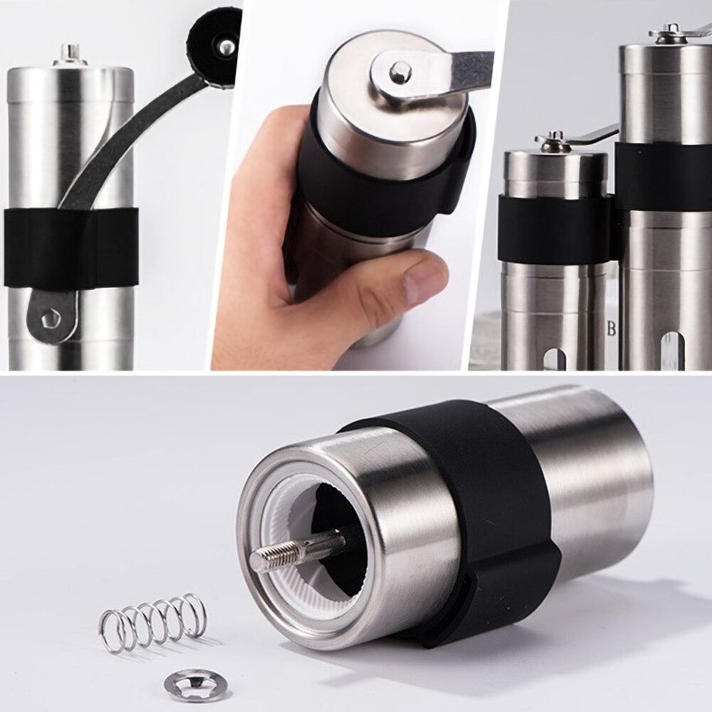 Molinillo de café de cerámica Manual de acero inoxidable, molino de granos de café ajustable con anillo de lazo de goma, herramientas de cocina fáciles de limpiar