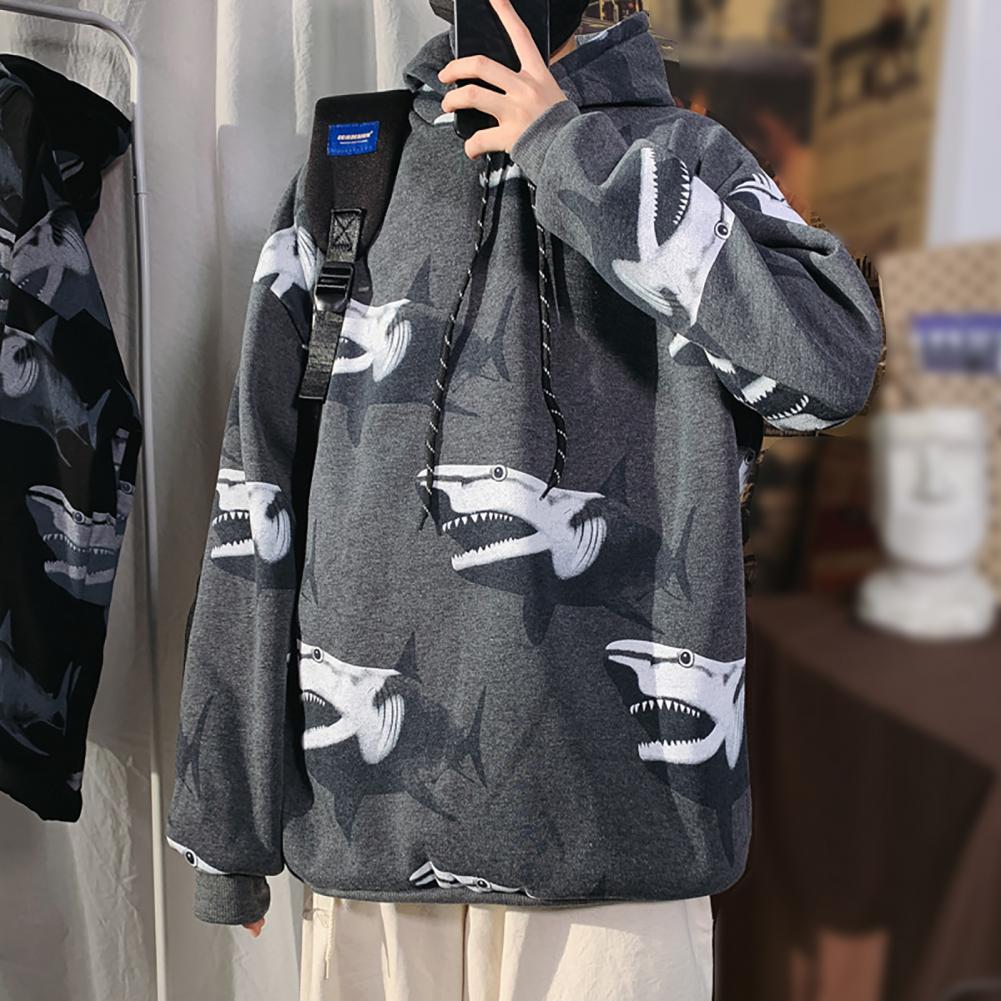 men fleece hoodie sweatshirts winter oversize male pullovers Sharks Print Long Sleeve Drawstring Hoodie Plush Thick Sweatshirt