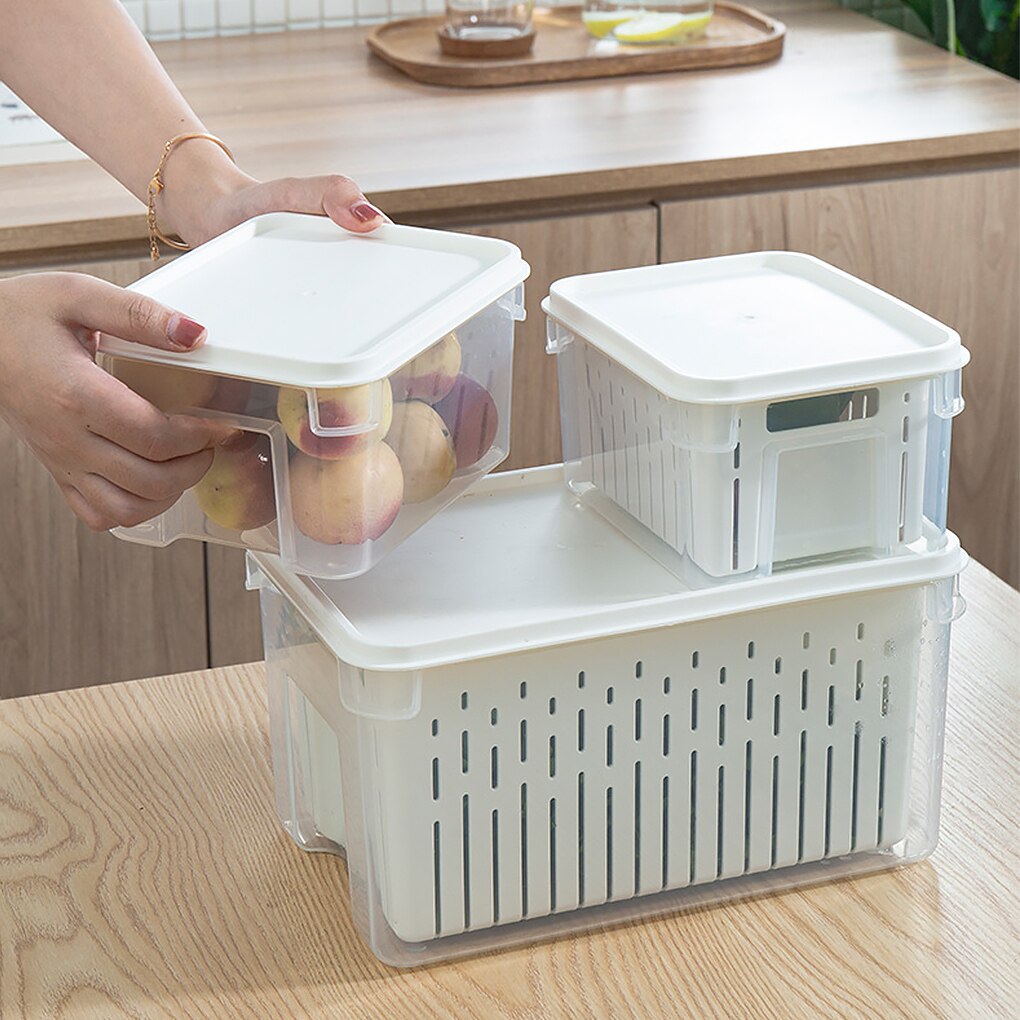 Refrigerador apilable de 1,9 L, organizador de frutas y ensaladas, contenedor de almacenamiento de alimentos, caja de verduras frescas transparente con colador para nevera