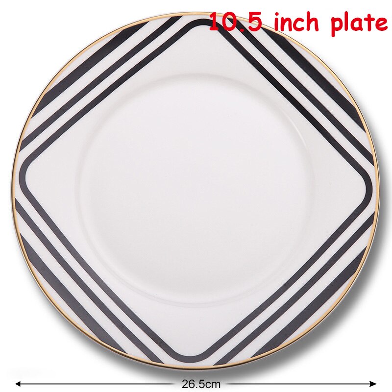 Bone China Servies Set Zwarte En Witte Streep Platte Steak Plaat Koffiekopje En Schotel Dessert Lade Gouden Rand drinkware: 10.5 inch plate