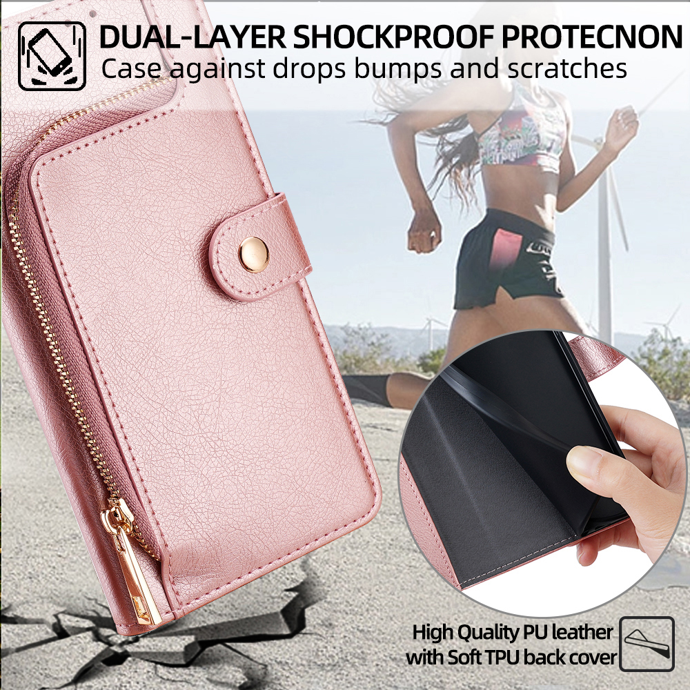 Damen Reißverschluss Brieftasche Abdeckung für OPPO Reno 6 5 Profi Plus Lite 6Z 5Z Z 5F 5K 5 Lite Metallschnalle Leder kippen Fall Gurt