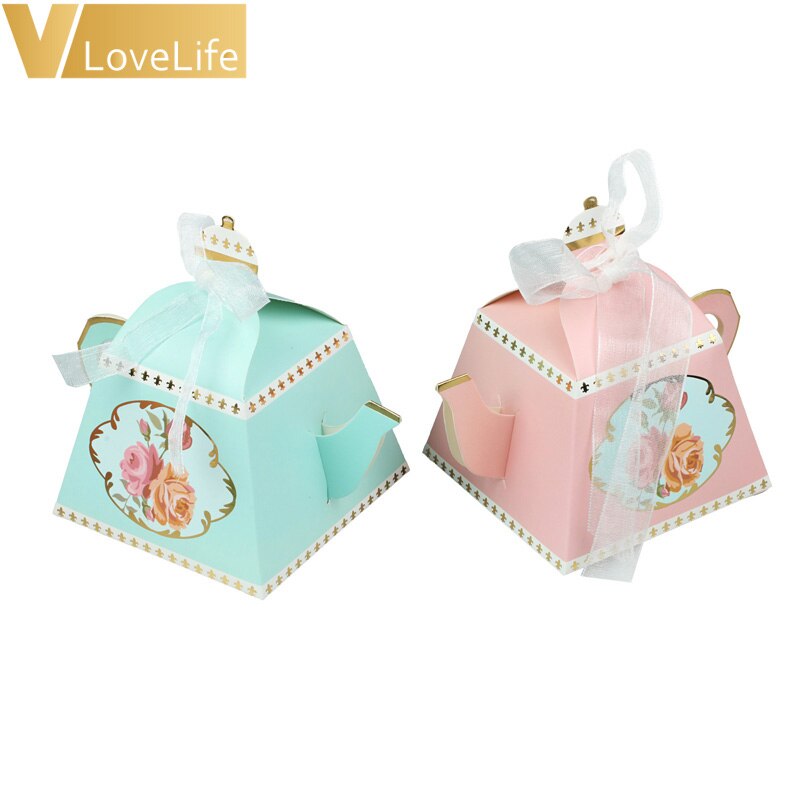 Box Mini Teapot Cup Wedding Favor Boxes Bonbonniere Candy Box with Ribbons for Wedding Birthday Party Decoration 20PCS