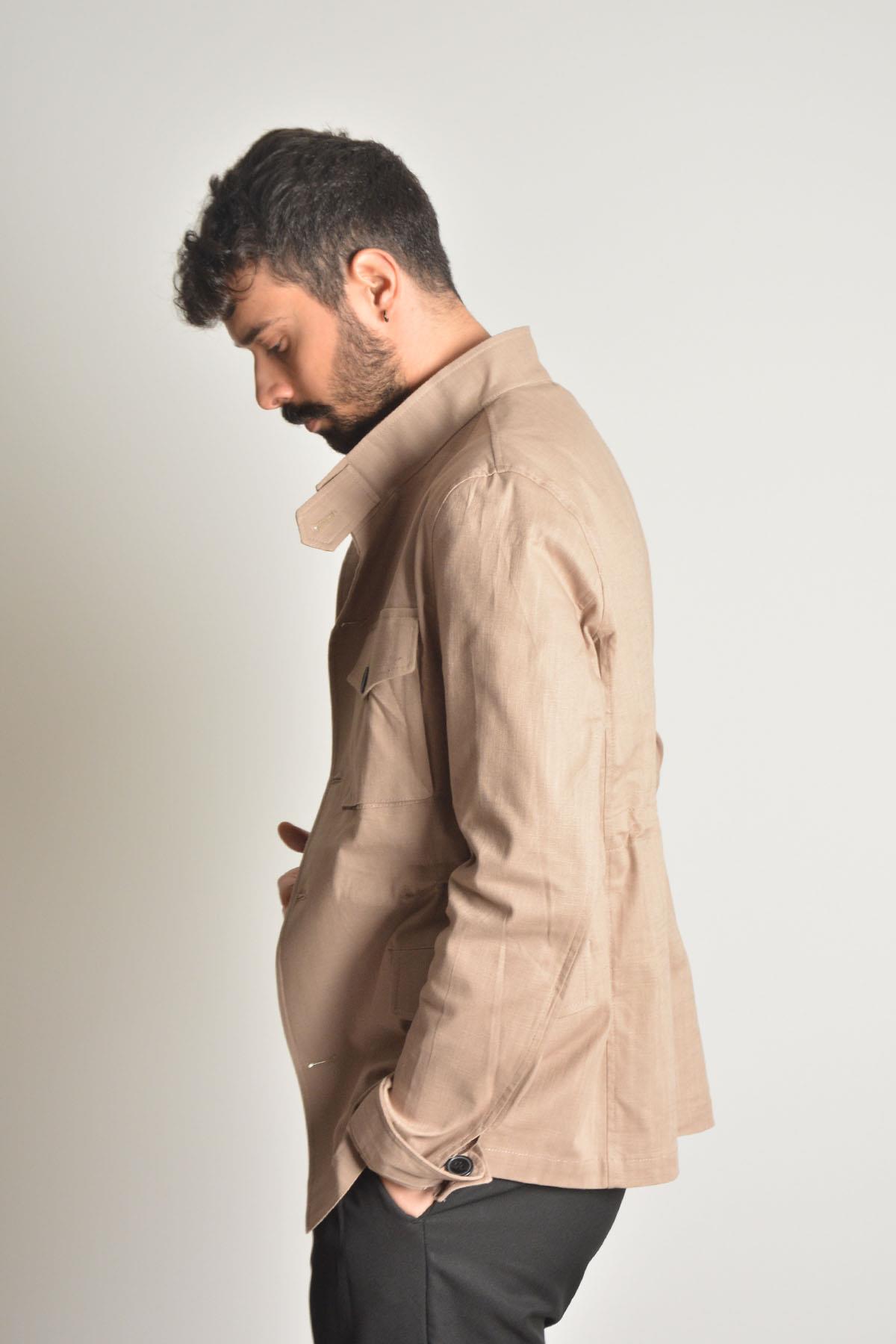Safari-Chaqueta de lino para hombre, con bolsillos articulados, color Beige