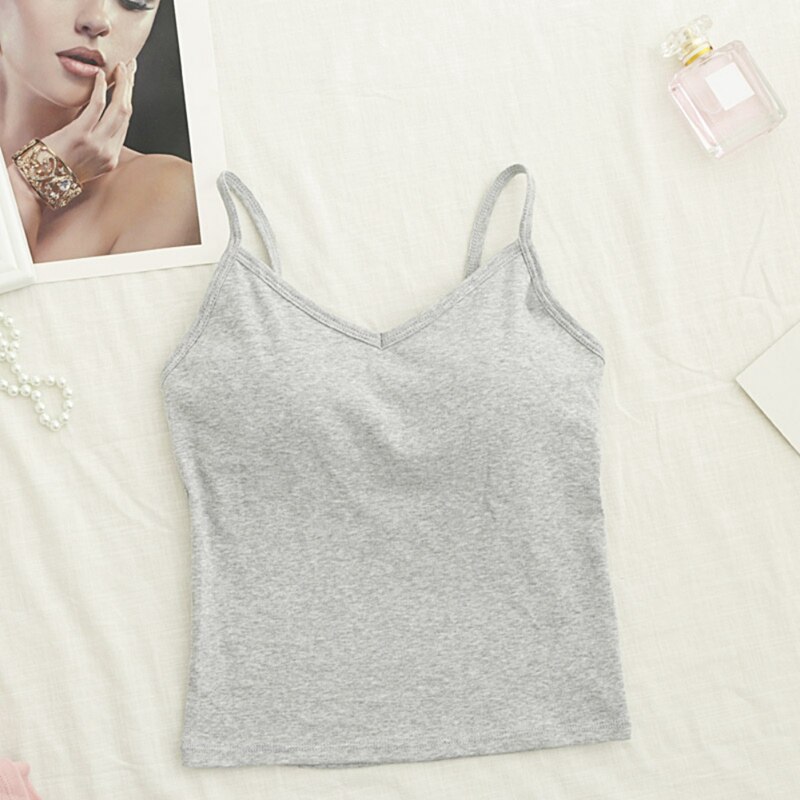 Women Cotton Basic Camisoles Female Cozy Spaghetti Strap Sexy Back Camis Solid Color Ladies Comfy Underwear: Gray