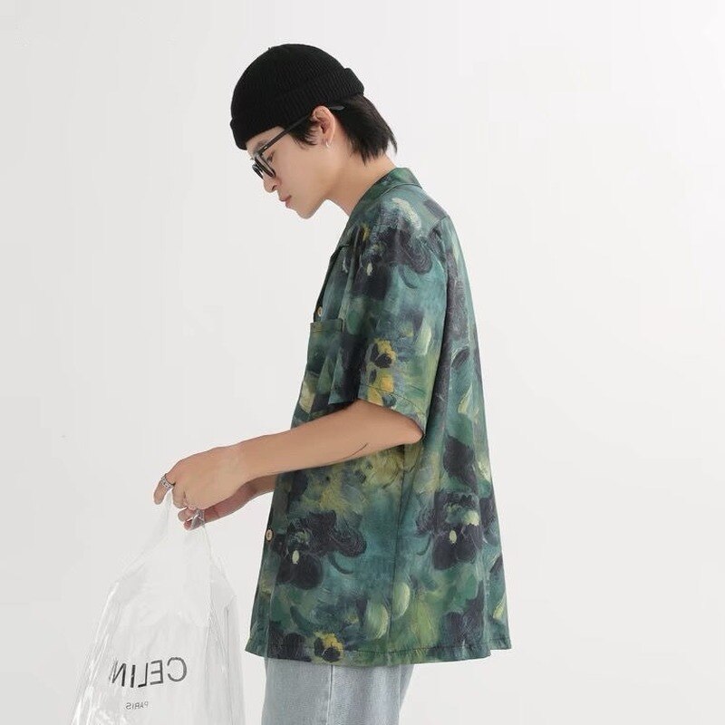 Non-iron Lapel Button Up Beach Hawaii Shirt for Men Short Sleeve Casual Summer Luxury Floral Print Loose Silk Shirt Men