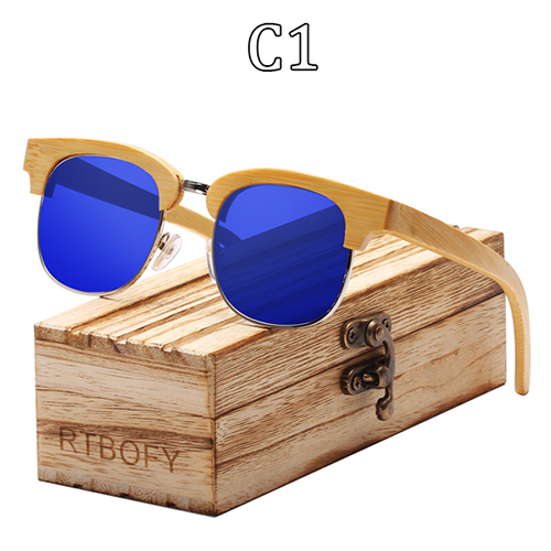 RTBOFY Hout Zonnebril Mannen Retro Trend Zonnebril Voor Mannen UV400 Vintage Gepolariseerde Zonnebril Eyewear Zonnebril: C1