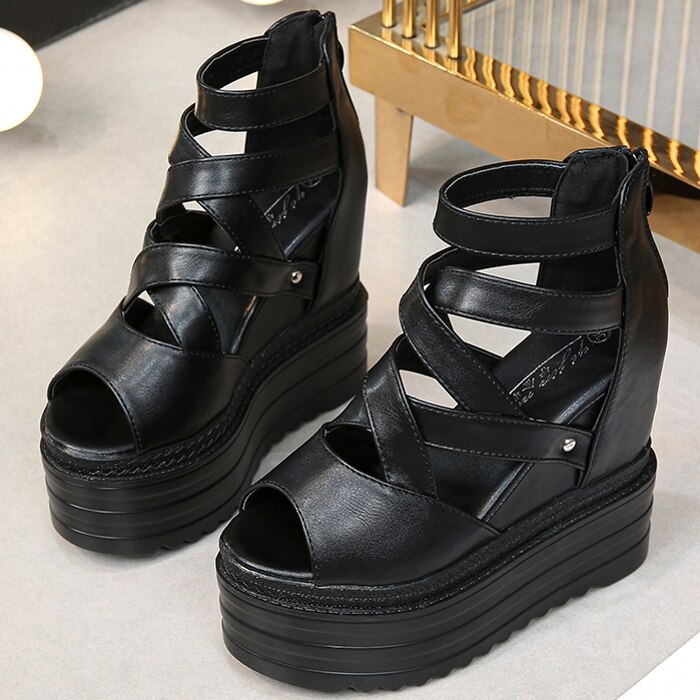 Women Black Party Platform Ankle Strap Wedges High Heel Shoes Female Summer Peep Toe Rome Gladiator Sandal G0003