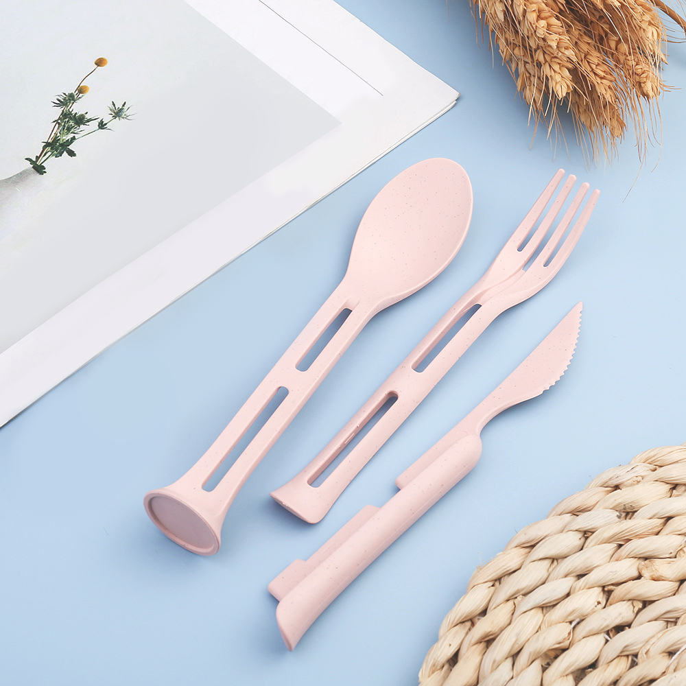 3pcs/set Kitchen Dinner Tableware Set Cutlery Set Wheat Straw Nordic Style Dinnerware Set Spoon/Fork/Knife Kitchen Accessories: Nordic Pink