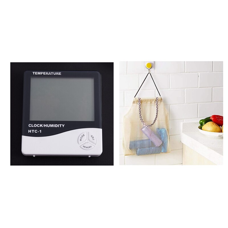 1x digital lcd medidor de temperatura e umidade relógio alarme & 2 pçs cozinha alho gengibre malha armazenamento saco pendurado baghollow respiração
