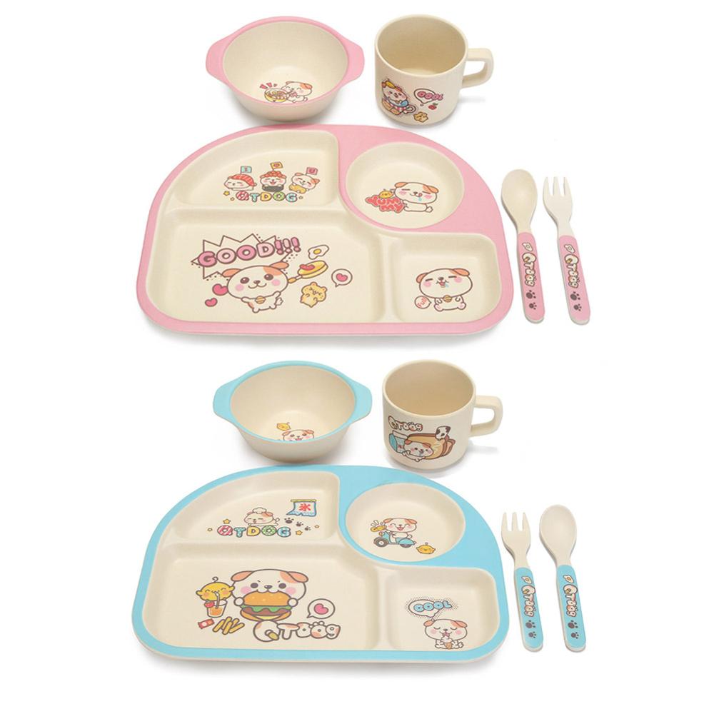 Juego de 5 unidades de platos y cucharas ecológicos de fibra de bambú para bebés, juegos de vajilla con 4 ranuras para niños, vajilla de platos para bebés y niños