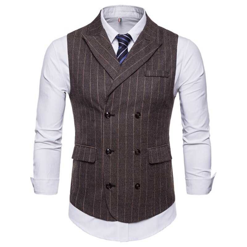 Heren Mouwloos Pak Vest Herfst en Winter Retro Piek-revers Streep Mannelijke Toevallige Double-Breasted Vest