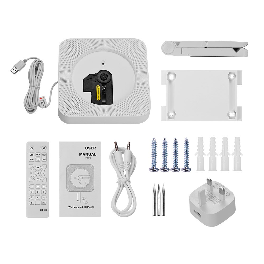 Portable wall-mounted CD player music amplifier audio with remote control support BT / USB / FM mode multiple models plug: White  UK Plug