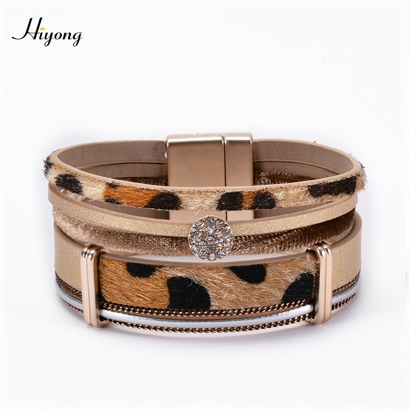 Hiyong Pu Lederen Armband Multilayer Crystal Magneet Gesp Armband Dames Leopard Wrap Armbanden Bohemian Stijl Sieraden