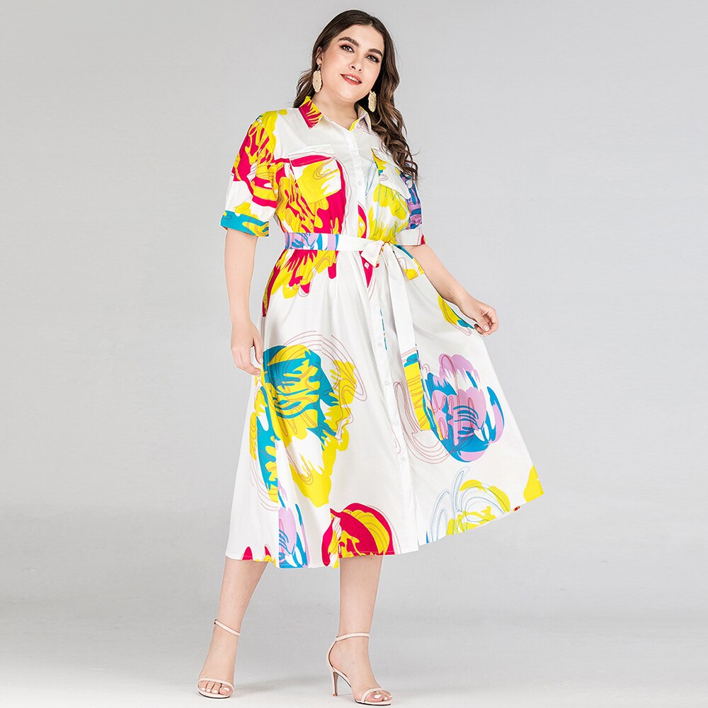 Färgglada tryck skjortklänning kvinnor sommar kort ärm casual klänning plus size maxi långa klänningar: Xxxl