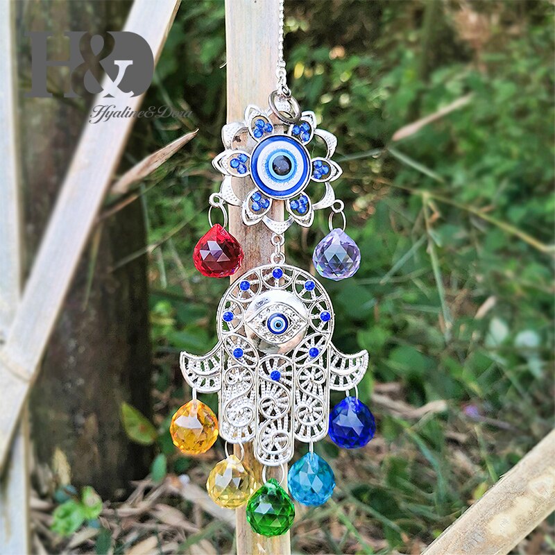 Diy Lucky Hamsa Turkse Blue Evil Eye Crystal Charm Suncatcher Hanger Wind Chime Amulet Thuis Muur Tuin Opknoping Decoratie