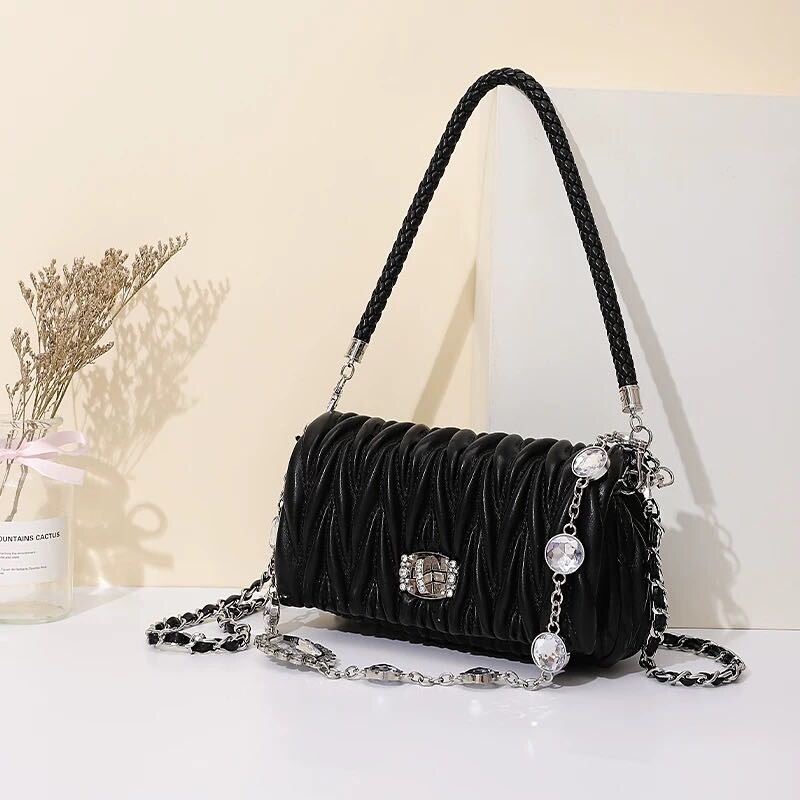 Kunst und weise Faltete Handtasche Dimonds Gitter Abend Party Handtasche Einzelnen Schulter Kette Tasche Umhängetasche Weichen PU Leder: schwarz