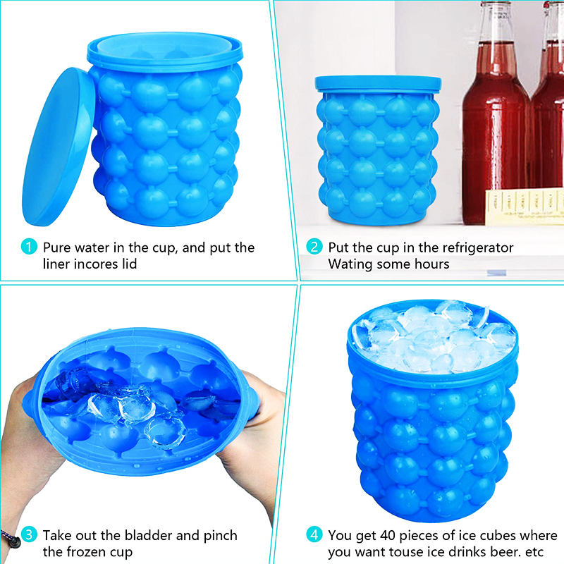 Molde portátil 2 en 1 de gran tamaño de silicona para cubitos de hielo con tapa, cubo ahorrador de espacio, utensilios para cocina y , artículos para bar