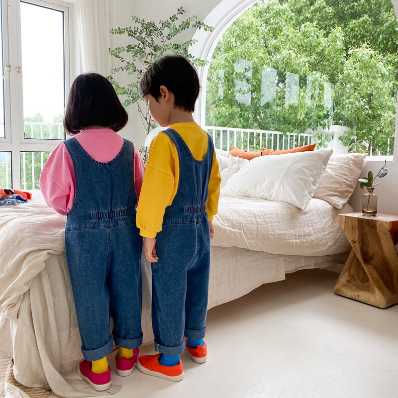 WLG Delle Ragazze Dei Ragazzi Tute E Salopette Pantaloni Dei Capretti di Autunno della Molla Del Denim Blu Grande Tasca Del Bambino in Generale Casual Tutti Abbinare I Vestiti per 1-6 anni