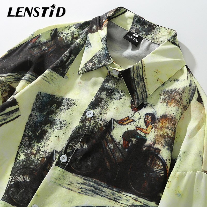 LENSTID Men Harajuku Bike Kid Funny Print Loose Shirt Hip Hop Streetwear Long Sleeve Hawaiian Thin Shirt Autumn Casual Tops