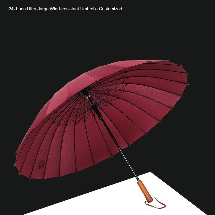 Outdoor Travel Long Wooden Handle Umbrella Windproof Umbrella 24K Long Umbrella Men'S Women'S Solid Color
