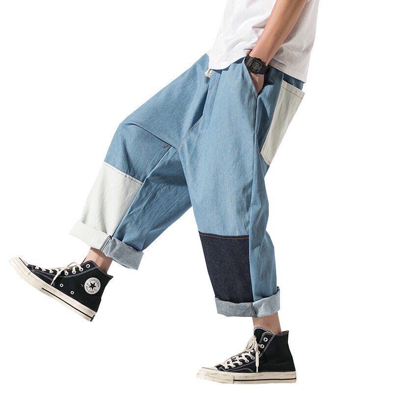 Japanese Streetwear Plus Size Patchwork Jeans Hip Hop Oversized Straight Cargo Pants Harajuku Denim Pants Men Clothing
