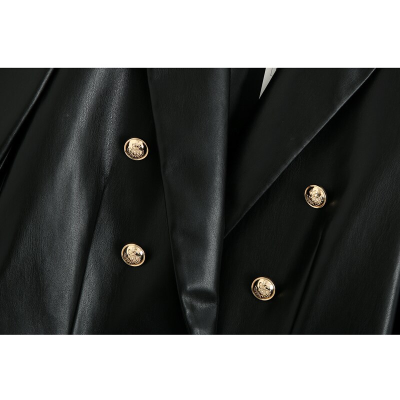 RR negro PU cuero chaquetas con muescas mujeres Triple pecho chaquetas mujeres elegantes trajes de manga larga Mujer señoras HAE