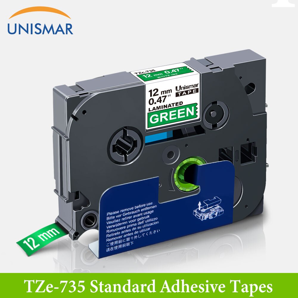 Unismar blanco en claro TZ-135 12mm cinta para etiquetas laminada hermano TZe 334 TZ cinta para P touch PT-D210 PT-H110 fabricante de etiquetas: White on Green