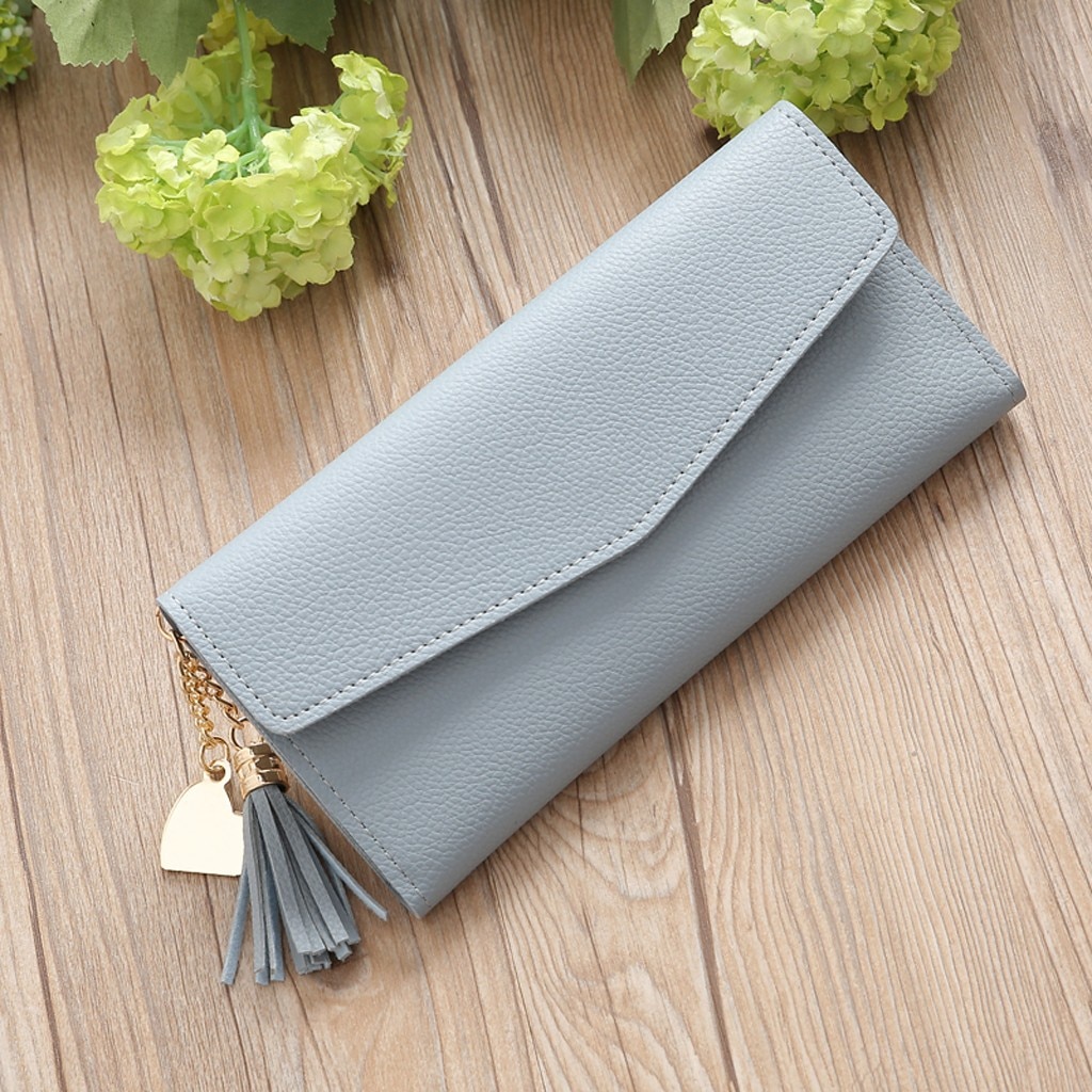 Women's trend solid color long fringed leather simple card bag Fringed long wallet кошелек женский натуральная кожа: Blue 