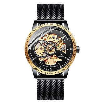 Ik färglägg herrklockor mesh flätat band i rostfritt stål automatisk mekanisk manlig klocka skelett steampunk relogio masculino: E3