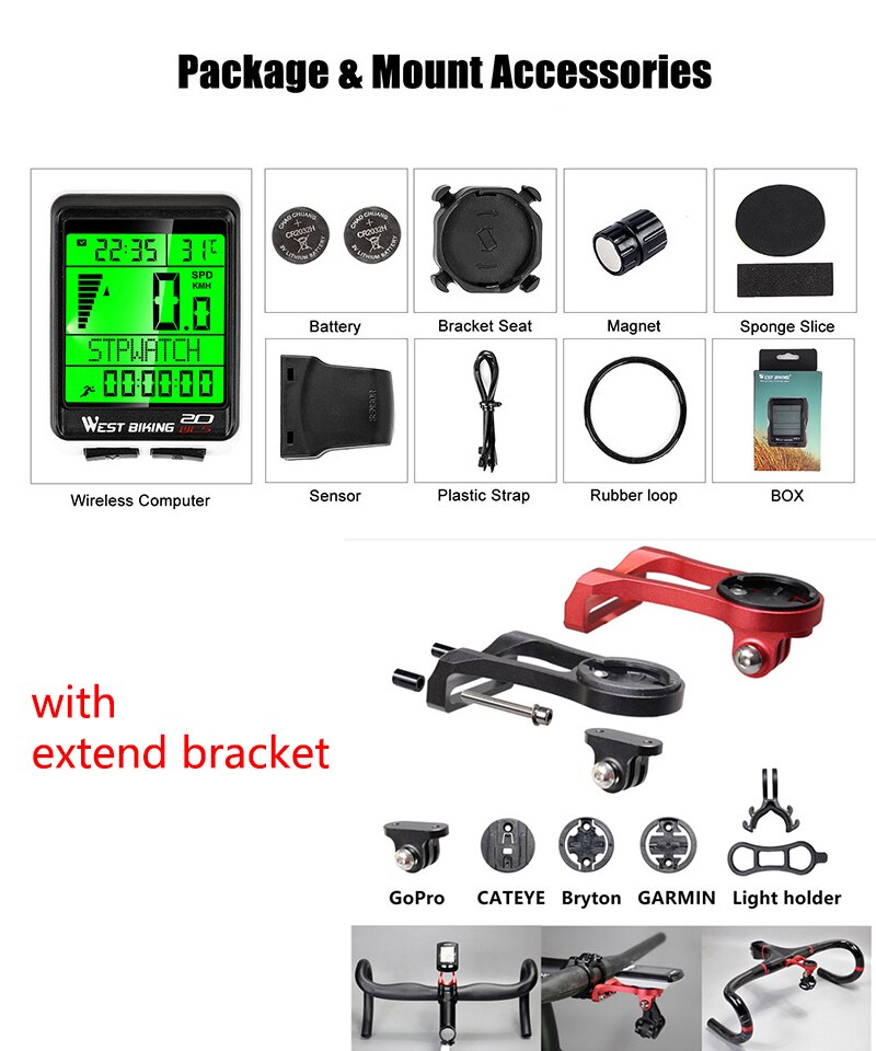 Bicycle Computer Large Screen 5 Language Wireless Wired Mountain Bike Computer Waterproof Speedometer Odometer Cycling Stopwatch: with extend bracket