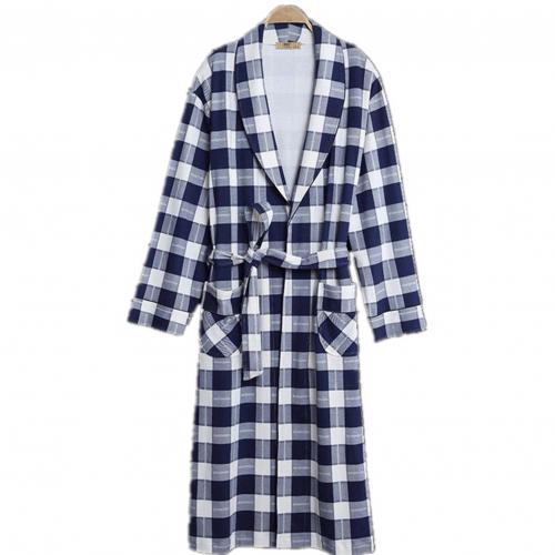 Los hombres casa de verano trajes de hombre ropa de dormir pijamas casuales de los hombres de Color suave de bolsillos de manga larga traje de baño bata de Casa ropa de dormir: Blue white Plaid / L