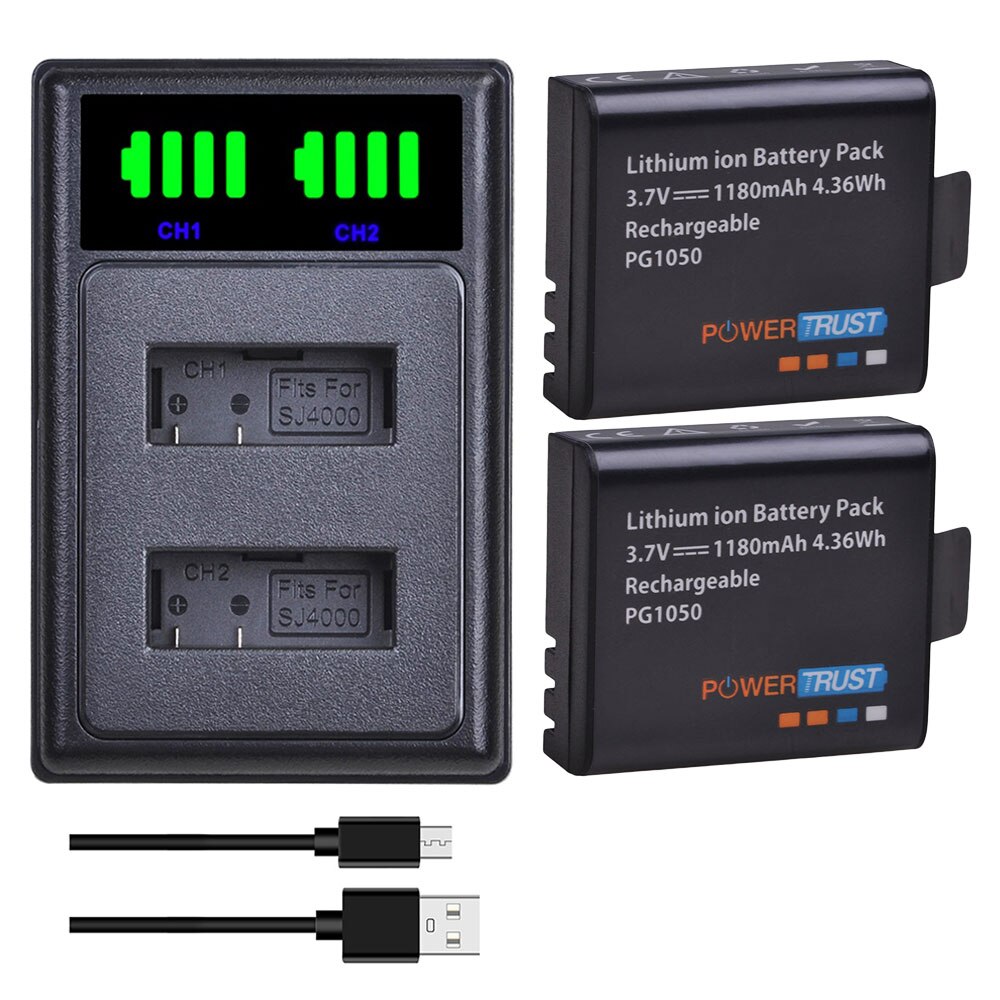 Batería PG1050 SJ4000 PG900 de 1180mAh, 3,7 V, con cargador Dual USB para SJCAM SJ5000 SJ6000 SJ8000 M10 EKEN 4K H8 H9 EK7000